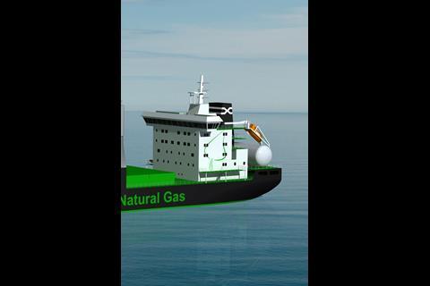 The LNG tank has found a perch on the aft deck behind the main superstructure. Image: Deltamarin